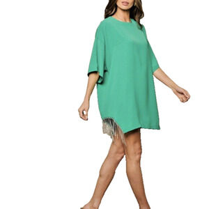 Side fringe Mini Dress Tunic, Green size Large With Short Sleeve